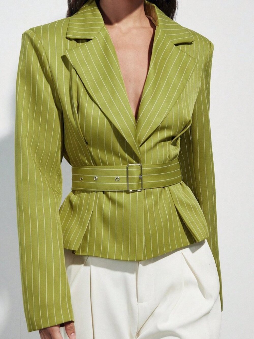 Green Elegant Chic Women's Work Blazer Jacket, Pinstripe, Adjustable Belt - Picture 5 of 7